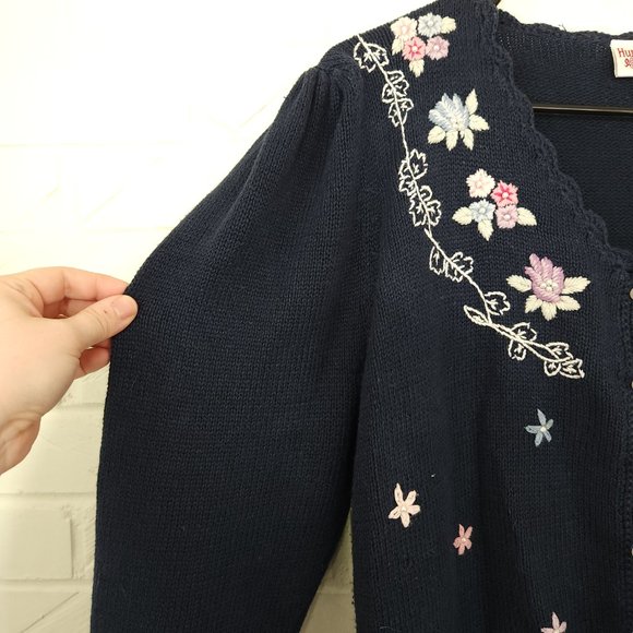 Vintage Huntington Ridge Floral Embroidered Button Up Cardigan Navy Cottagecore - Picture 2 of 7